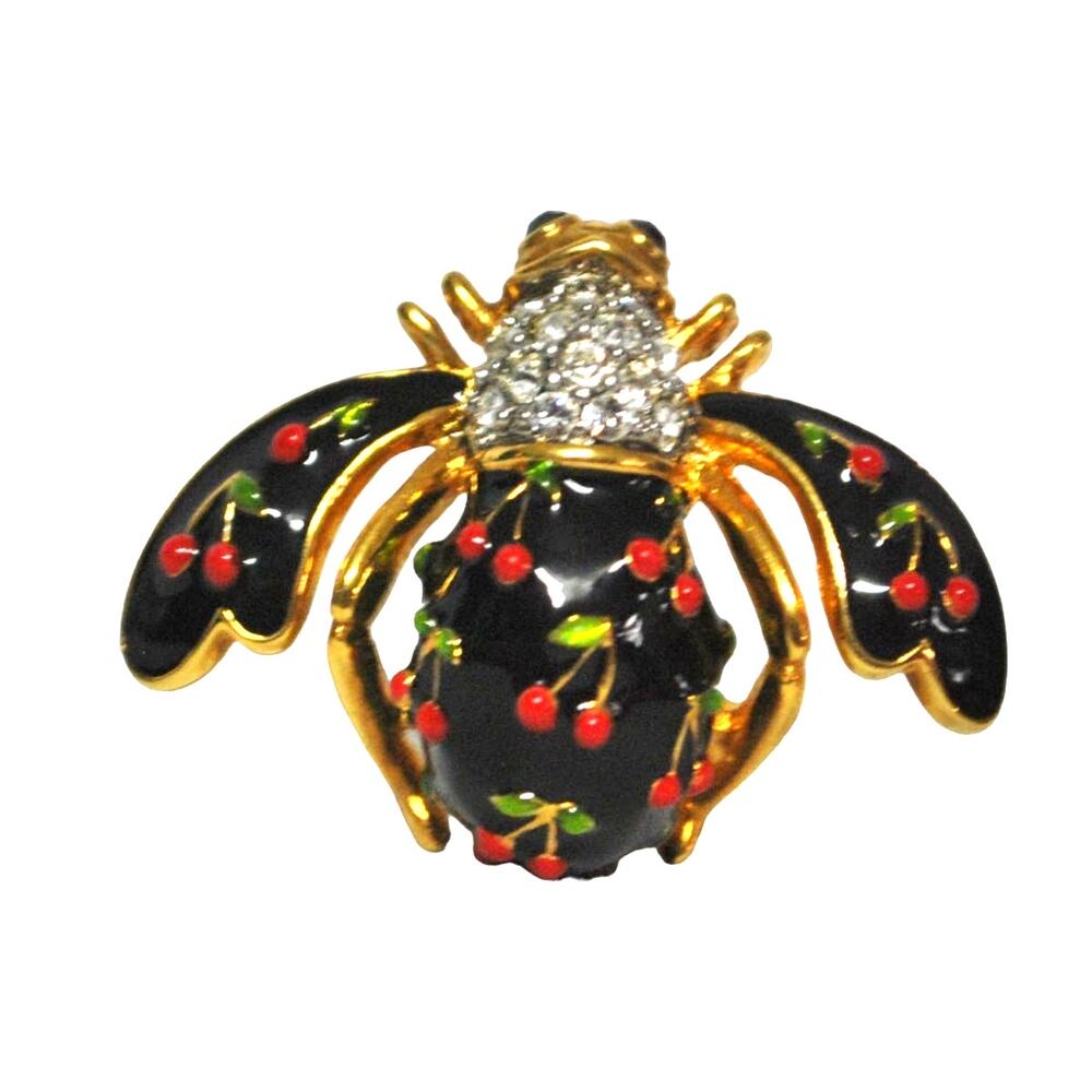 Joan Rivers Cherries Bee Brooch Pin Crystal Black Red Gold Cherry Jewelry Vtg